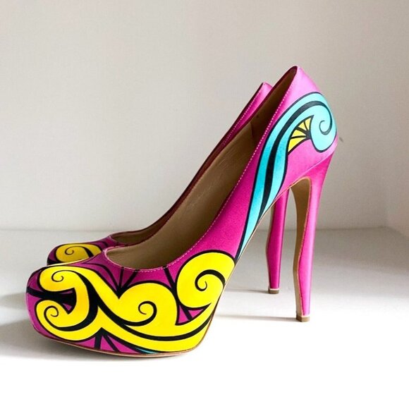 Nicolas  Kirkwood Colourful Silk Satin Graffiti Heels 40 - Picture 5 of 12